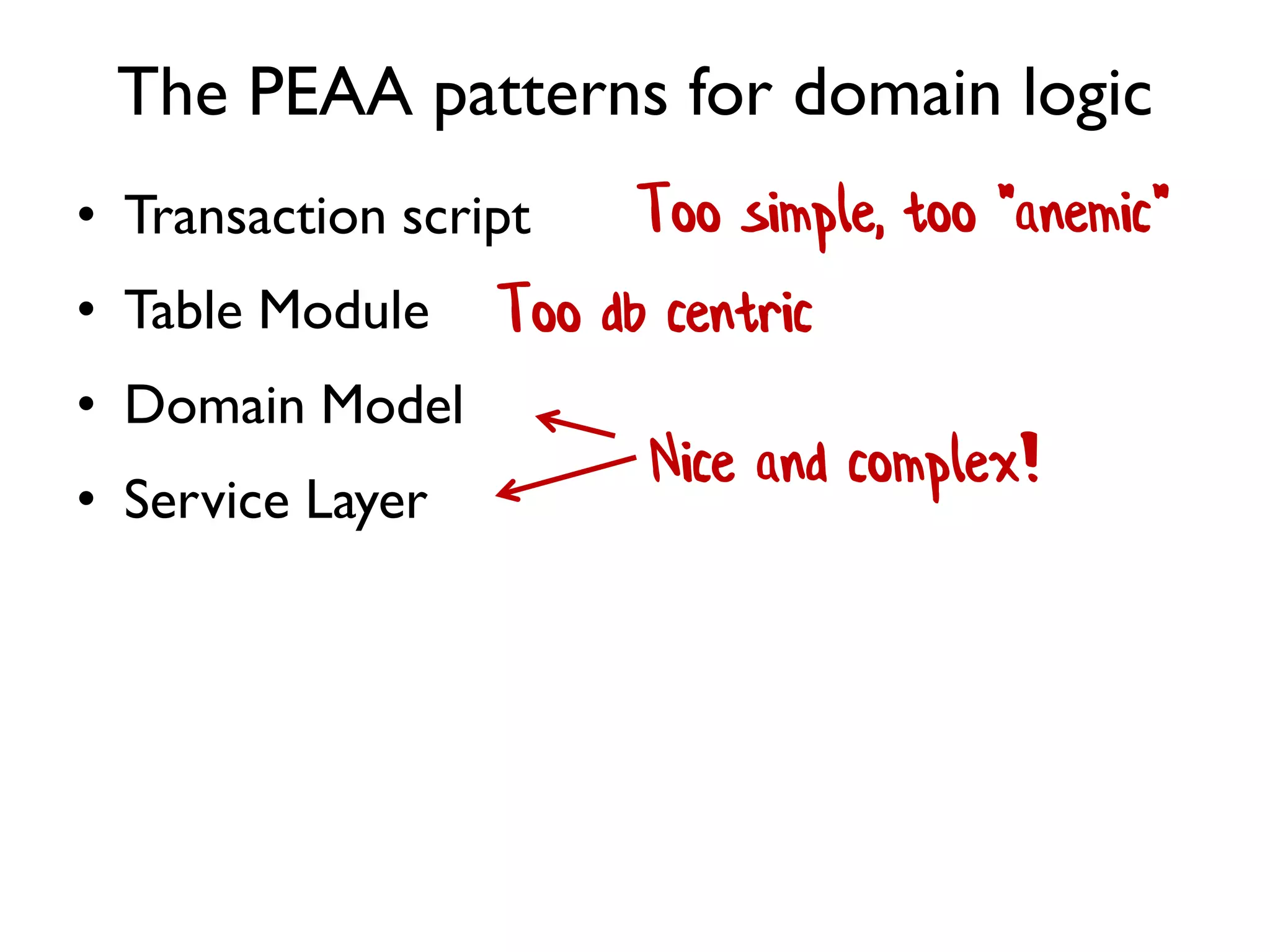 The PEAA patterns for domain logic
• Transaction script
• Table Module
• Domain Model
• Service Layer
Too simple, too "anemic"
Too db centric
Nice and complex!
 