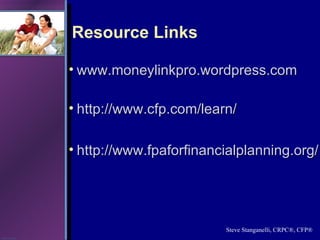 Resource Links <ul><li>www.moneylinkpro.wordpress.com </li></ul><ul><li>http://www.cfp.com/learn/   </li></ul><ul><li>http...