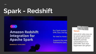 Spark - Redshift
Yorum
Artık ek bir çaba veya ara
bir çözüm gerekmeden
birek Spark job larınızı
RedShift üzerinde
çalıştırabiliyorsunuz.
Data EMR, Glue veya
Sagemaker dan geliyor
 
