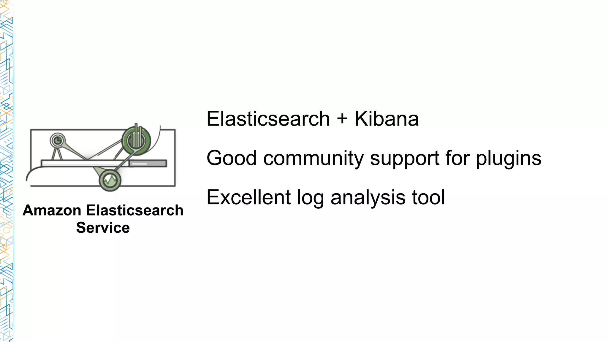 Amazon Elasticsearch
Service
Elasticsearch + Kibana
Good community support for plugins
Excellent log analysis tool
 