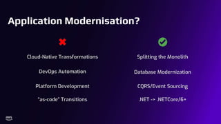 Application Modernisation?
Cloud-Native Transformations
DevOps Automation
Platform Development
“as-code” Transitions
Splitting the Monolith
Database Modernization
CQRS/Event Sourcing
.NET -> .NETCore/6+
 