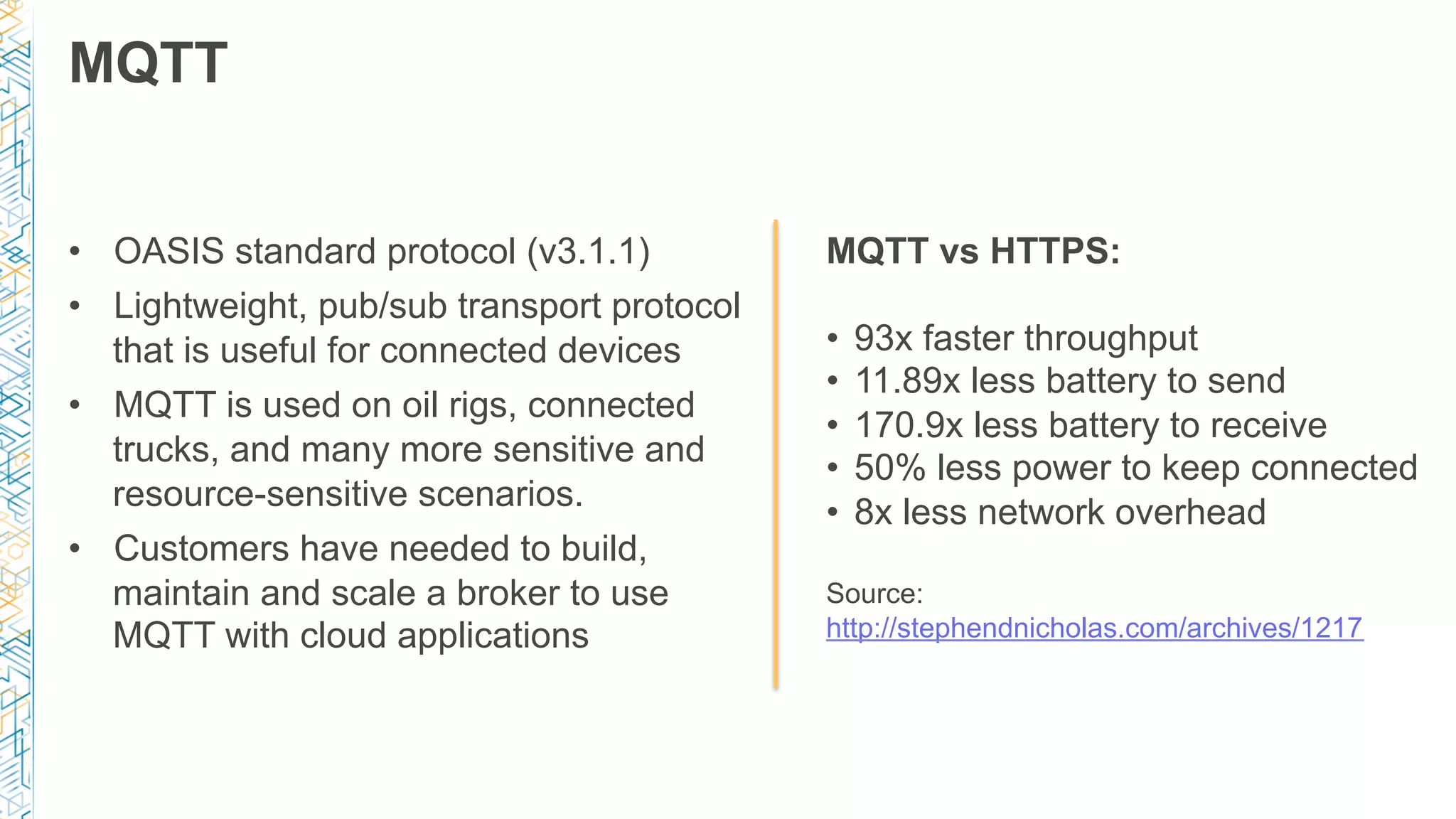 MQTT
MQTT vs HTTPS:
•  93x faster throughput
•  11.89x less battery to send
•  170.9x less battery to receive
•  50% less power to keep connected
•  8x less network overhead
Source:
http://stephendnicholas.com/archives/1217
•  OASIS standard protocol (v3.1.1)
•  Lightweight, pub/sub transport protocol
that is useful for connected devices
•  MQTT is used on oil rigs, connected
trucks, and many more sensitive and
resource-sensitive scenarios.
•  Customers have needed to build,
maintain and scale a broker to use
MQTT with cloud applications
 