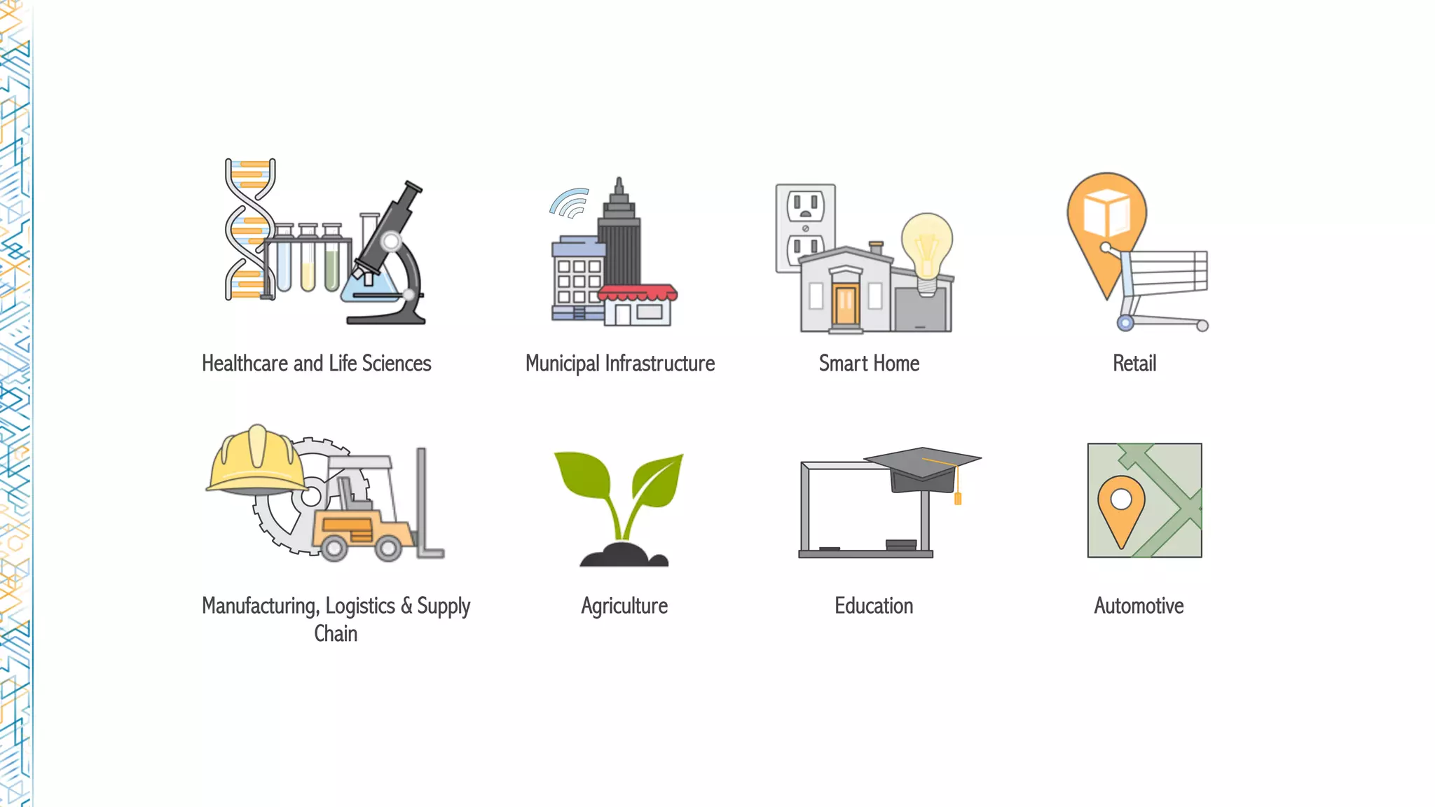 Healthcare and Life Sciences Municipal Infrastructure Smart Home Retail
Manufacturing, Logistics & Supply
Chain
Agriculture Education Automotive
 