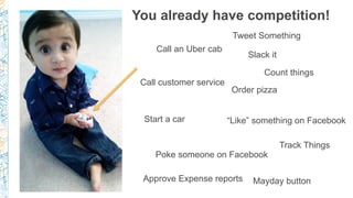 You already have competition!
Call an Uber cab
Order pizza
Start a car
Poke someone on Facebook
“Like” something on Facebook
Mayday button
Tweet Something
Call customer service
Slack it
Approve Expense reports
Count things
Track Things
 