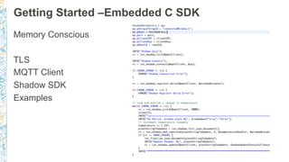 Getting Started –Embedded C SDK
Memory Conscious
TLS
MQTT Client
Shadow SDK
Examples
 
