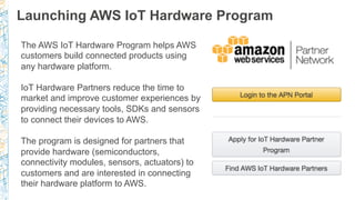 Launching AWS IoT Hardware Program
The AWS IoT Hardware Program helps AWS
customers build connected products using
any hardware platform.
IoT Hardware Partners reduce the time to
market and improve customer experiences by
providing necessary tools, SDKs and sensors
to connect their devices to AWS.
The program is designed for partners that
provide hardware (semiconductors,
connectivity modules, sensors, actuators) to
customers and are interested in connecting
their hardware platform to AWS.
 