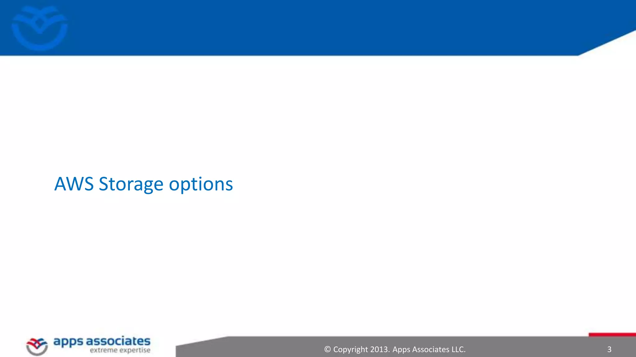 AWS Storage options

© Copyright 2013. Apps Associates LLC.

3

 