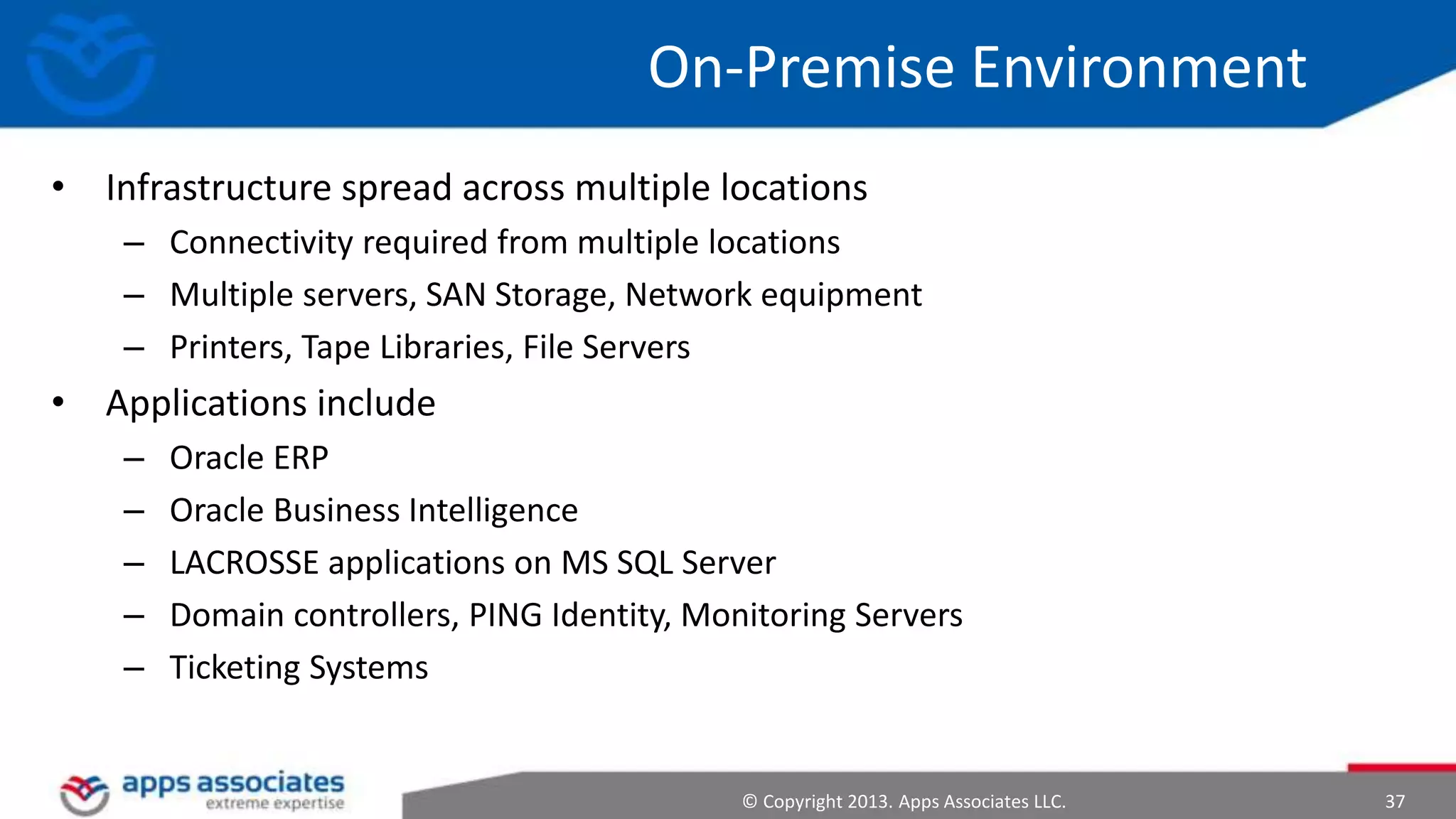 On-Premise Environment
• Infrastructure spread across multiple locations
– Connectivity required from multiple locations
– Multiple servers, SAN Storage, Network equipment
– Printers, Tape Libraries, File Servers

• Applications include
–
–
–
–
–

Oracle ERP
Oracle Business Intelligence
LACROSSE applications on MS SQL Server
Domain controllers, PING Identity, Monitoring Servers
Ticketing Systems

© Copyright 2013. Apps Associates LLC.

37

 