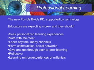 Professional Learning The new For-Us By-Us PD, supported by technology Educators are expecting more-- and they should! Seek personalized learning experiences  Vote with their feet Learn anytime, many channels Form communities, social networks Give and get through peer-to-peer learning Reflective Learning mirrors experiences of millenials 