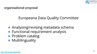 organisational proposal
38
Europeana Data Quality Committee
★ Analysing/revising metadata schema
★ Functional requirement ...