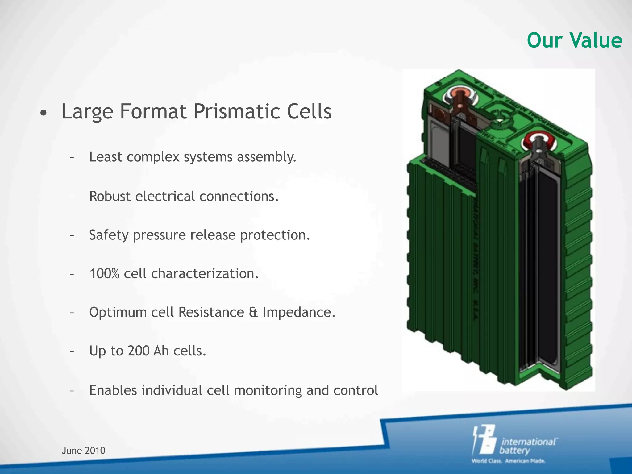 Our Value


• Large Format Prismatic Cells

   –   Least complex systems assembly.

   –   Robust electrical connections.

   –   Safety pressure release protection.

   –   100% cell characterization.

   –   Optimum cell Resistance & Impedance.

   –   Up to 200 Ah cells.

   –   Enables individual cell monitoring and control



  June 2010
 