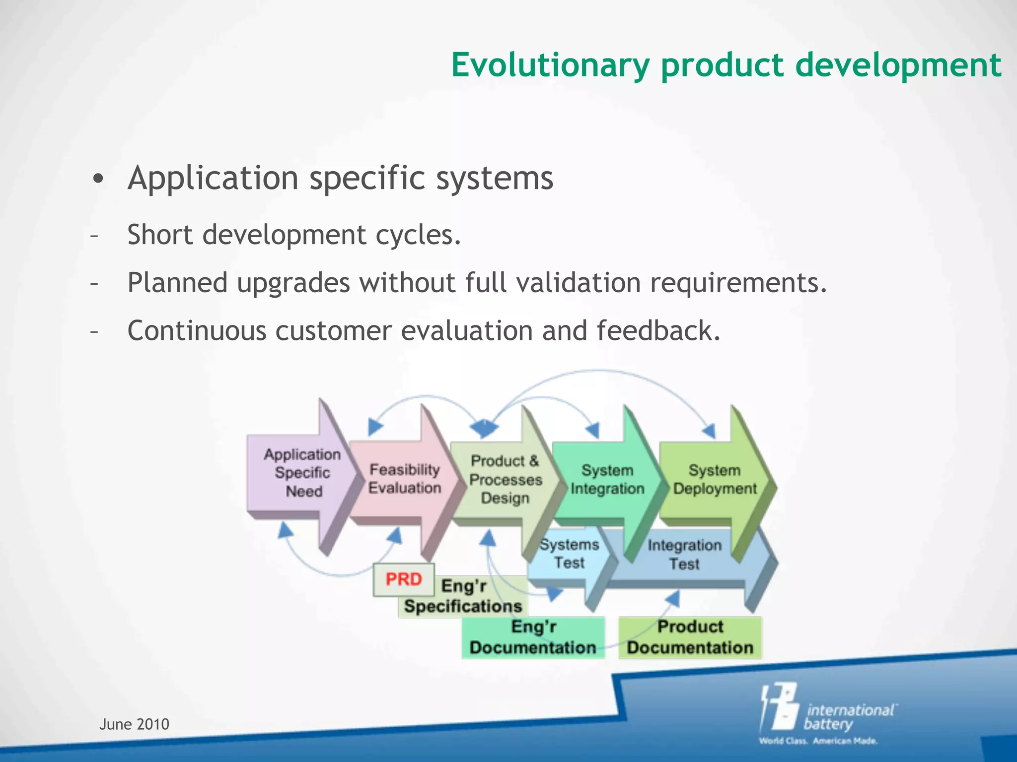 Evolutionary product development


• Application specific systems
– Short development cycles.
– Planned upgrades without full validation requirements.
– Continuous customer evaluation and feedback.




June 2010
 