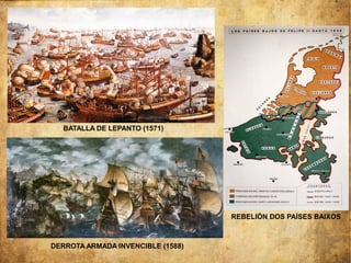 BATALLA DE LEPANTO (1571)
DERROTA ARMADA INVENCIBLE (1588)
REBELIÓN DOS PAÍSES BAIXOS
 
