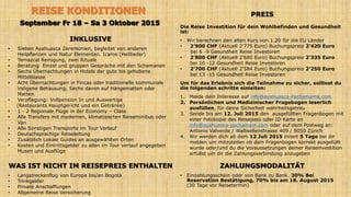 INKLUSIVE
• Sieben Ayahuasca Zeremonien, begleitet von anderen
Heilpflanzen und Natur Elementen. Icaros (Heillieder)
• Temazcal Reinigung, zwei Rituale
• Beratung Einzel und gruppen Gespräche mit den Schamanen
• Sechs Übernachtungen in Hotels der gute bis gehobene
Mittelklasse
• Acht Übernachtungen in Fincas oder traditionelle kommunale
indigene Behausung, Sechs davon auf Hängematten oder
Matten.
• Verpflegung: Vollpension In und Auswertige
(Restaurants Hauptgericht und ein Getränke)
• 1 - 2 Regionale Flüge in der Economy – Class
• Alle Transfers mit modernen, klimatisierten Reiseminibus oder
Van
• Alle Sonstigen Transporte im Tour Verlauf
• Deutschsprachige Reiseleitung
• Zusätzlich Lokale Guides an ausgewählten Orten
• Kosten und Eintrittsgelder zu allen im Tour verlauf angegeben
Musen und Ausflüge
WAS IST NICHT IM REISEPREIS ENTHALTEN
• Langstreckenflug von Europa bis/an Bogotá
• Trinkgelder
• Private Anschaffungen
• Allgemeine Reise Versicherung
PREIS
Die Reise Investition für dein Wohlbefinden und Gesundheit
ist:
• Wir berechnen den alten Kurs von 1.20 für die EU Länder
• 2’900 CHF (Aktuell 2’775 Euro) Buchungspreis 2’420 Euro
bei 6 -9 Gesundheit Reise Investoren
• 2’800 CHF (Aktuell 2’680 Euro) Buchungspreis 2’335 Euro
bei 10 -12 Gesundheit Reise Investoren
• 2’700 CHF (Aktuell 2’584 Euro) Buchungspreis 2’250 Euro
bei 13 -15 Gesundheit Reise Investoren
Um für das Erlebnis sich die Teilnahme zu sicher, solltest du
die folgenden schritte einleiten:
1. Melde dein Interesse auf info@ayahuasca-Pachamama.com
2. Persönlichen und Medizinischer Fragebogen leserlich
ausfüllen, für deine Sicherheit wahrheitsgetreu
3. Sende bis am 12. Juli 2015 den ausgefüllten Fragenbogen mit
einer Fotokopie des Reisepass oder ID Karte an
info@ayahuasca-pachamam.com oder auf dem Postweg an:
Antonio Valverde / Wallisellenstrasse 409 / 8050 Zürich
4. Wir werden dich ab dem 12 Juli 2015 innert 5 Tage bei dir
melden um mitzuteilen ob dein Fragenbogen korrekt ausgefüllt
wurde oder/und du die Voraussetzungen deiner Reiseinvestition
erfüllst um dir die Zahlungsverbindung anzugeben
ZAHLUNGSMODALITÄT
• Einzahlungsschein oder von Bank zu Bank. 30% Bei
Reservation Bestätigung, 70% bis am 18. August 2015
(30 Tage vor Reisetermin)
 