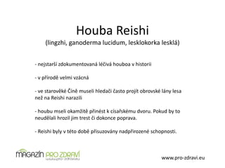 Houba Reishi
(lingzhi, ganoderma lucidum, lesklokorka lesklá)
www.pro-zdravi.eu
- nejstarší zdokumentovaná léčivá houboa v historii
- v přírodě velmi vzácná
- ve starověké Číně museli hledači často projít obrovské lány lesa
než na Reishi narazili
- houbu mseli okamžitě přinést k císařskému dvoru. Pokud by to
neudělali hrozil jim trest či dokonce poprava.
- Reishi byly v této době přisuzovány nadpřirozené schopnosti.
 