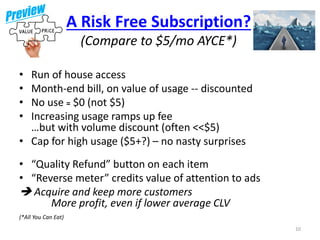 A Risk Free Subscription?
(Compare to $5/mo AYCE*)
• Run of house access
• Month-end bill, on value of usage -- discounted...