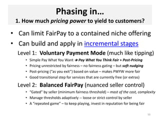 Phasing in…
1. How much pricing power to yield to customers?
• Can limit FairPay to a contained niche offering
• Can build...