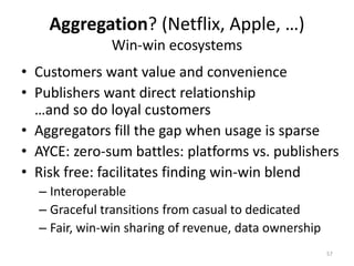 Aggregation? (Netflix, Apple, …)
Win-win ecosystems
• Customers want value and convenience
• Publishers want direct relati...