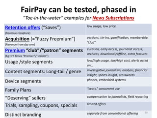 FairPay can be tested, phased in
“Toe-in-the-water” examples for News Subscriptions
Acquisition =“Fuzzy Freemium”
Paywall ...