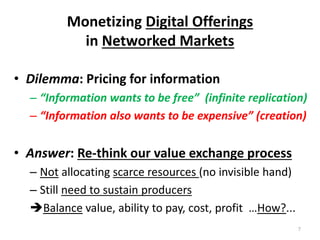 Monetizing Digital Offerings
in Networked Markets
• Dilemma: Pricing for information
– “Information wants to be free” (inf...