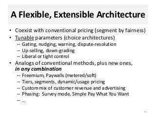 A Flexible, Extensible Architecture
• Coexist with conventional pricing (segment by fairness)
• Tunable parameters (choice architectures)
– Gating, nudging, warning, dispute-resolution
– Up-selling, down-grading
– Liberal or tight control
• Analogs of conventional methods, plus new ones,
in any combination
– Freemium, Paywalls (metered/soft)
– Tiers, segments, dynamic/usage pricing
– Custom mix of customer revenue and advertising
– Phasing: Survey mode, Simple Pay What You Want
– …
33
 
