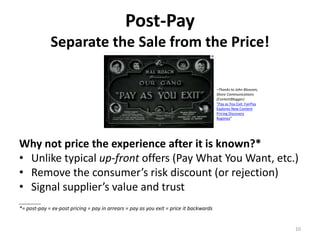 Post-Pay
Separate the Sale from the Price!
Why not price the experience after it is known?*
• Unlike typical up-front offe...