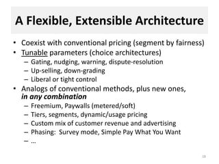 A Flexible, Extensible Architecture
• Coexist with conventional pricing (segment by fairness)
• Tunable parameters (choice...
