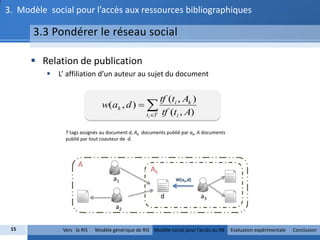 3. Modèle social pour l’accès aux ressources bibliographiques

      3.3 Pondérer le réseau social

       Relation de publication
             L’ affiliation d’un auteur au sujet du document


                                                         tf (ti , Ak )
                               w(ak , d )  
                                                   ti T tf (ti , A)


                T tags assignés au document d, Ak documents publié par ak, A documents
                publié par tout coauteur de d.



                     A
                                                     Ak
                                    a1                          W(a3,d)


                                                          d                a3
                                     a2


 15            Vers la RIS   Modèle générique de RIS Modèle social pour l’accès au RB    Evaluation expérimentale   Conclusion
 