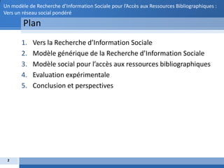 Un modèle de Recherche d’Information Sociale pour l’Accès aux Ressources Bibliographiques :
Vers un réseau social pondéré

        Plan
       1.   Vers la Recherche d’Information Sociale
       2.   Modèle générique de la Recherche d’Information Sociale
       3.   Modèle social pour l’accès aux ressources bibliographiques
       4.   Evaluation expérimentale
       5.   Conclusion et perspectives




 2
 