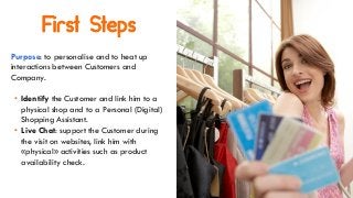 First Steps
Purpose: to personalise and to heat up
interactions between Customers and
Company.
• Identify the Customer and link him to a
physical shop and to a Personal (Digital)
Shopping Assistant.
• Live Chat: support the Customer during
the visit on websites, link him with
«physical» activities such as product
availability check.
 