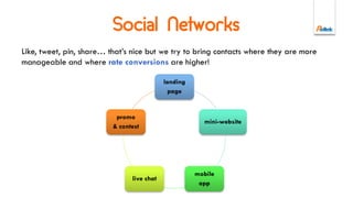 Reason Why
Multichannel and Customer Experience
To offer many contact points to leads and customers. Integrated features and
channels with the same operational and monitoring/analysis logics of a contact
center.
Performance
Increase of the conversions, assistance (e.g customer approval for future
campaigns) or sales (e.g closing process of online purchases).
Internal organization
Disintermediation of the requests, efficiency of resources, easy integration with
legacy solution or third parties.
 