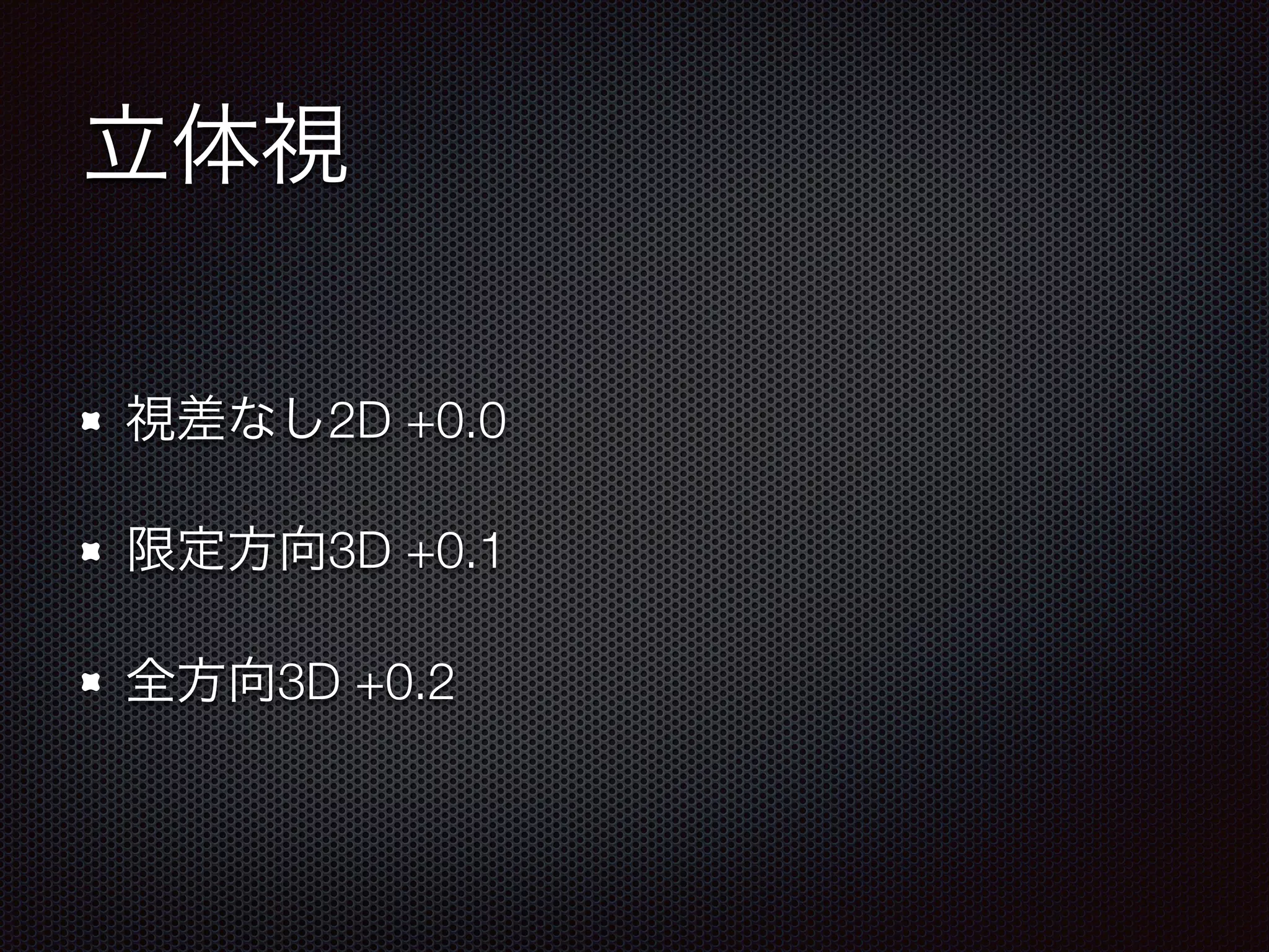 立体視
視差なし2D +0.0
限定方向3D +0.1
全方向3D +0.2
 