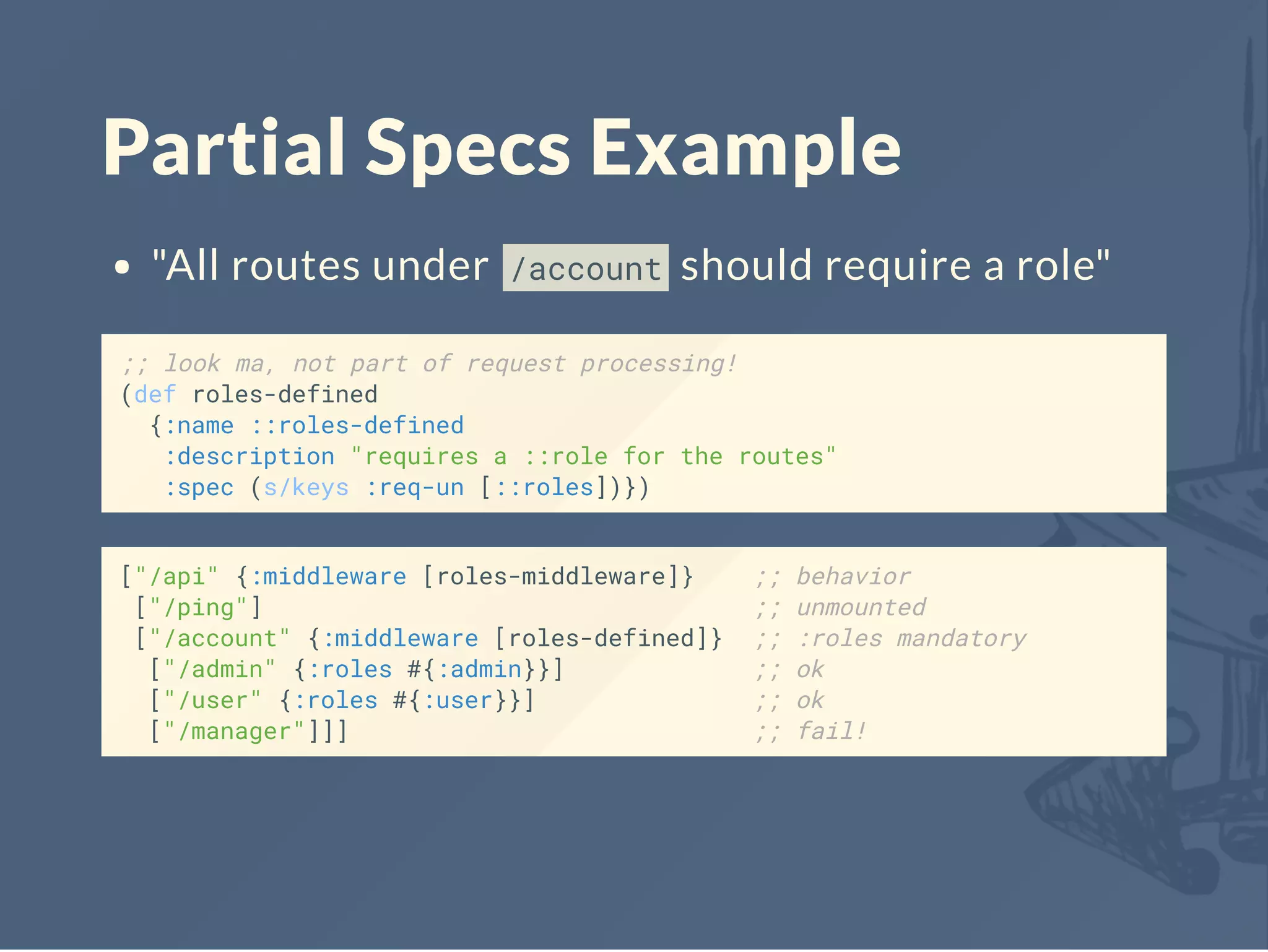 Partial Specs Example
"All routes under /account should require a role"
;; look ma, not part of request processing!
(def roles-defined
{:name ::roles-defined
:description "requires a ::role for the routes"
:spec (s/keys :req-un [::roles])})
["/api" {:middleware [roles-middleware]} ;; behavior
["/ping"] ;; unmounted
["/account" {:middleware [roles-defined]} ;; :roles mandatory
["/admin" {:roles #{:admin}}] ;; ok
["/user" {:roles #{:user}}] ;; ok
["/manager"]]] ;; fail!
 