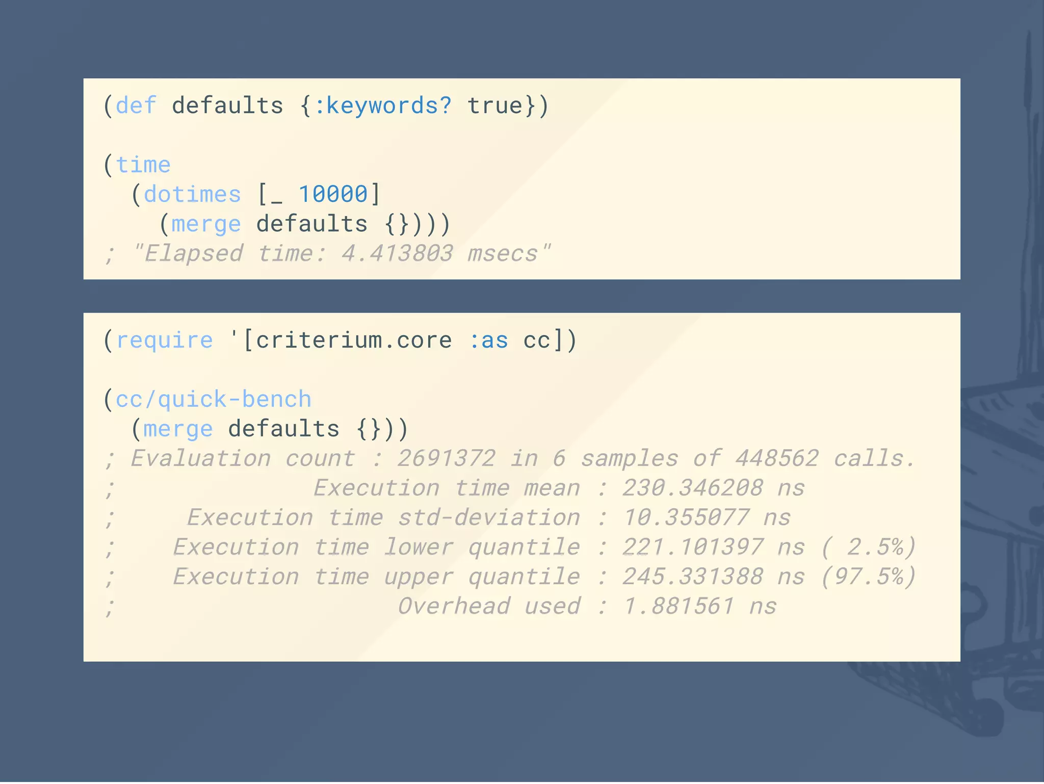 (def defaults {:keywords? true})
(time
(dotimes [_ 10000]
(merge defaults {})))
; "Elapsed time: 4.413803 msecs"
(require '[criterium.core :as cc])
(cc/quick-bench
(merge defaults {}))
; Evaluation count : 2691372 in 6 samples of 448562 calls.
; Execution time mean : 230.346208 ns
; Execution time std-deviation : 10.355077 ns
; Execution time lower quantile : 221.101397 ns ( 2.5%)
; Execution time upper quantile : 245.331388 ns (97.5%)
; Overhead used : 1.881561 ns
 