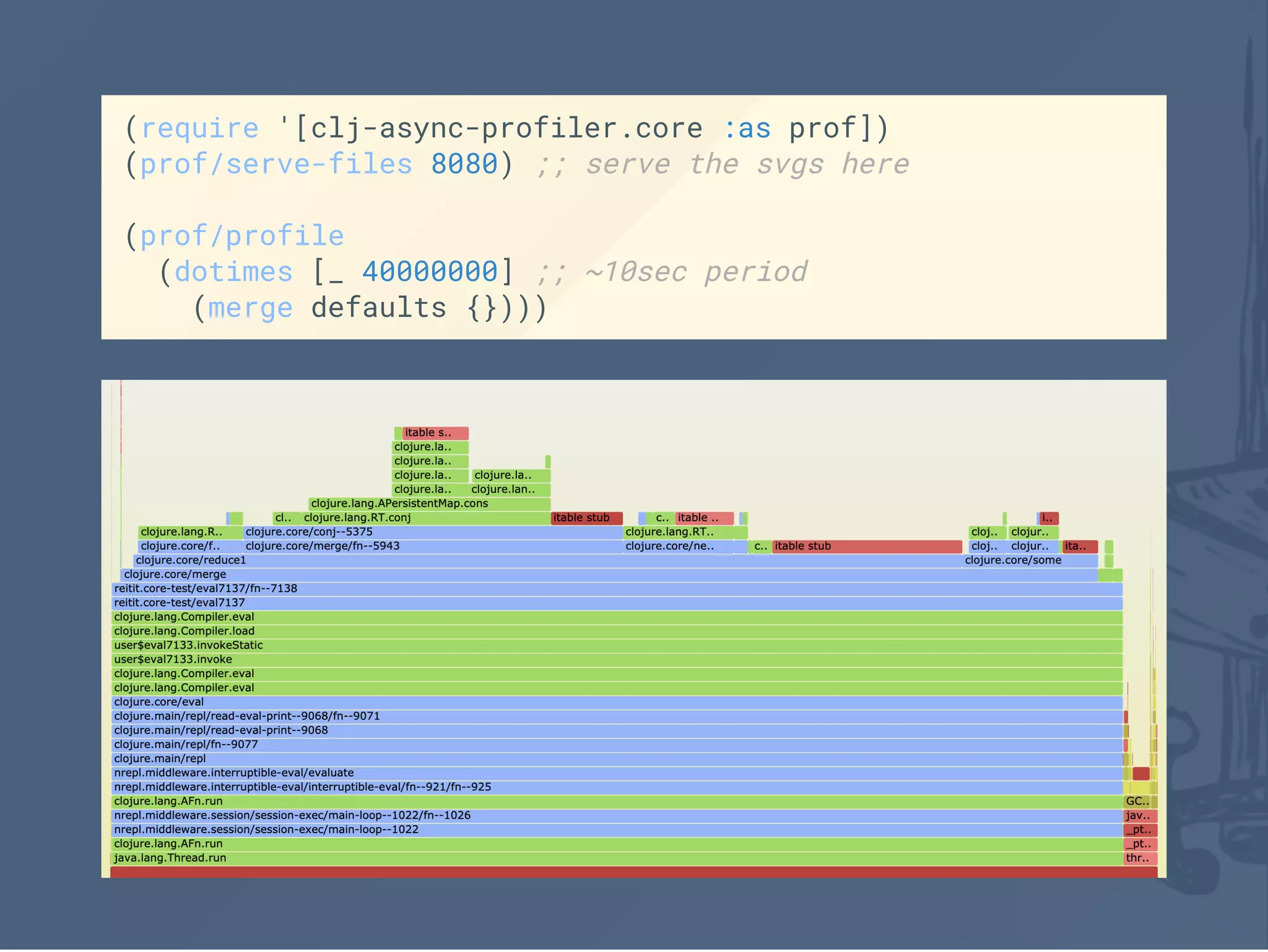 (require '[clj-async-profiler.core :as prof])
(prof/serve-files 8080) ;; serve the svgs here
(prof/profile
(dotimes [_ 40000000] ;; ~10sec period
(merge defaults {})))
 