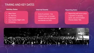 TIMING AND KEY DATES
• New Years
• St. Patricks
• Halloween
• Guy Fawkes Night (UK)
• Christmas
Holiday Dates Internal Events
• End of summer - live
stadium tour in Europe.
Filmed live and released
worldwide on DVD.
• Reporting will occur once
a quarter in January,
April, July and October.
Precise dates TBA.
Reporting Dates
 