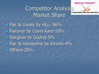 Competitor Analysis 
Market Share 
 Fair & Lovely by HLL- 56% 
 Fairever by Cavin Kare-15% 
 Fairglow by Godrej-5% 
 Fair & Handsome by Emami-4% 
 Others-20% 
 
