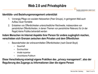 Web 2.0 und Privatsphäre Identitäts- und Beziehungsmanagement unterstützt Vorrangig Pflege von sozialen Netzwerken (Peer Groups), in geringerem Maß auch Aufbau neuer Kontakte Entstehen von Öffentlichkeiten unterschiedlicher Reichweite, insbesondere von persönlichen Öffentlichkeiten, in denen Themen von persönlicher Relevanz für (in der Regel) kleine Publika behandelt werden Indem Menschen im Internet Aspekte ihrer Person für andere zugänglich machen, verschieben sich Grenzen zwischen dem Privaten und dem Öffentlichen Besonderheiten der onlinevermittelten Öffentlichkeiten (nach Danah Boyd) Dauerhaft Durchsuchbar  Inhalte kopierbar Unsichtbares Publikum Diese Verschiebung erzwingt eigene Praktiken des „privacy management“, also der Regulierung des Zugangs zu Informationen über die eigene Person 