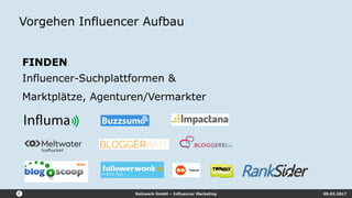 Reizwerk GmbH – Influencer Marketing 09.03.2017
Vorgehen Influencer Aufbau
FINDEN
Influencer-Suchplattformen &
Marktplätze, Agenturen/Vermarkter
 