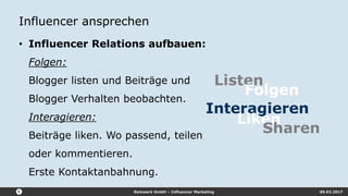 Reizwerk GmbH – Influencer Marketing 09.03.2017
Influencer ansprechen
• Influencer Relations aufbauen:
Folgen:
Blogger listen und Beiträge und
Blogger Verhalten beobachten.
Interagieren:
Beiträge liken. Wo passend, teilen
oder kommentieren.
Erste Kontaktanbahnung.
Listen
Interagieren
Folgen
Liken
Sharen
 