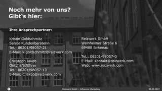 Reizwerk GmbH – Influencer Marketing 09.03.2017
Ihre Ansprechpartner:
Kristin Goldschmitz
Senior Kundenberaterin
Tel.: 06201/98057-21
E-Mail: k.goldschmitz@reizwerk.com
Christoph Jakob
Geschäftsführer
Tel.: 06201/98057-13
E-Mail: c.jakob@reizwerk.com
Noch mehr von uns?
Gibt‘s hier:
Reizwerk GmbH
Weinheimer Straße 6
69488 Birkenau
Tel.: 06201-98057-0
E-Mail: kontakt@reizwerk.com
Web: www.reizwerk.com
 