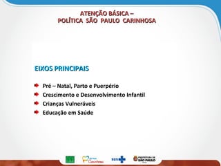 EIXOS PRINCIPAISEIXOS PRINCIPAIS
Pré – Natal, Parto e Puerpério
Crescimento e Desenvolvimento Infantil
Crianças Vulneráveis
Educação em Saúde
ATENÇÃO BÁSICA –ATENÇÃO BÁSICA –
POLÍTICA SÃO PAULO CARINHOSAPOLÍTICA SÃO PAULO CARINHOSA
 