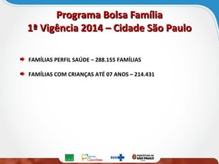 Programa Bolsa FamíliaPrograma Bolsa Família
1ª Vigência 2014 – Cidade São Paulo1ª Vigência 2014 – Cidade São Paulo
FAMÍLIAS PERFIL SAÚDE – 288.155 FAMÍLIAS
FAMÍLIAS COM CRIANÇAS ATÉ 07 ANOS – 214.431
 