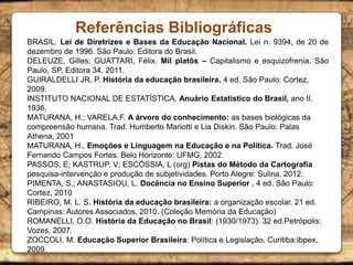 BRASIL. Lei de Diretrizes e Bases da Educação Nacional. Lei n. 9394, de 20 de
dezembro de 1996. São Paulo: Editora do Brasil.
DELEUZE, Gilles; GUATTARI, Félix. Mil platôs – Capitalismo e esquizofrenia. São
Paulo, SP, Editora 34. 2011.
GUIRALDELLI JR, P. História da educação brasileira. 4 ed. São Paulo: Cortez,
2009.
INSTITUTO NACIONAL DE ESTATÍSTICA, Anuário Estatístico do Brasil, ano II,
1936,
MATURANA, H.; VARELA,F. A árvore do conhecimento: as bases biológicas da
compreensão humana. Trad. Humberto Mariotti e Lia Diskin. São Paulo: Palas
Athena, 2001
MATURANA, H.. Emoções e Linguagem na Educação e na Política. Trad. José
Fernando Campos Fortes. Belo Horizonte: UFMG, 2002.
PASSOS, E; KASTRUP, V; ESCÓSSIA, L (org) Pistas do Método da Cartografia
pesquisa-intervenção e produção de subjetividades. Porto Alegre: Sulina, 2012.
PIMENTA, S.; ANASTASIOU, L. Docência no Ensino Superior . 4 ed. São Paulo:
Cortez, 2010
RIBEIRO, M. L. S. História da educação brasileira: a organização escolar. 21 ed.
Campinas: Autores Associados, 2010. (Coleção Memória da Educação)
ROMANELLI, O.O. História da Educação no Brasil: (1930/1973). 32 ed.Petrópolis:
Vozes, 2007.
ZOCCOLI, M. Educação Superior Brasileira: Política e Legislação. Curitiba:Ibpex,
2009.
Referências Bibliográficas
 