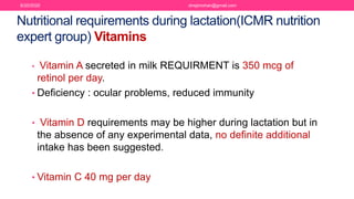 Nutritional requirements during lactation(ICMR nutrition
expert group) Vitamins
• Vitamin A secreted in milk REQUIRMENT is 350 mcg of
retinol per day.
• Deficiency : ocular problems, reduced immunity
• Vitamin D requirements may be higher during lactation but in
the absence of any experimental data, no definite additional
intake has been suggested.
• Vitamin C 40 mg per day
6/20/2020 drrejimohan@gmail.com
 