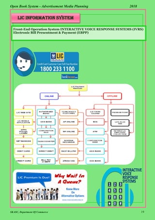 SKASC, Department Of Commerce 19
Open Book System - Advertisement Media Planning 2018
Lic information system
Front-End Operation System INTERACTIVE VOICE RESPONSE SYSTEMS (IVRS)
Electronic Bill Presentment & Payment (EBPP)
 