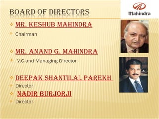   Mr. Keshub Mahindra      Chairman   Mr . Anand G. Mahindra   V.C and Managing Director   Deepak Shantilal Parekh  Director    Nadir Burjorji Director 