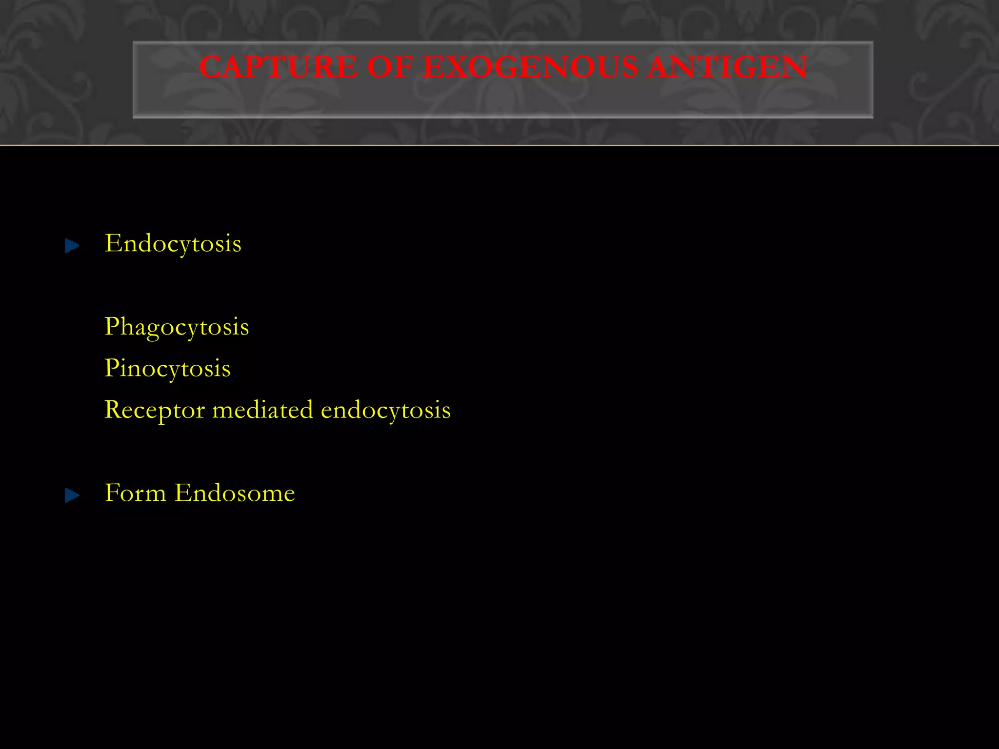 PeptideTAP-1TAP-2Endoplasmic reticulum3.Peptide loading of class I mhc moleculesNascent class I chainClass I MHCERP57β2-MCalnexinTapasinCalreticulin2-M binds and stabilises floppy MHCTapasin, calreticulin,ERP57, TAP 1 & 2 form a complex with the floppy MHCCalnexin bindsto nascentclass I chainUntil   2-M bindsCytoplasmic peptides are loaded onto the MHC molecule and the structure becomes compactβ