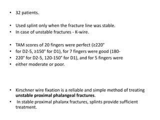 • 32 patients.
• Used splint only when the fracture line was stable.
• In case of unstable fractures - K-wire.
• TAM scores of 20 fingers were perfect (≥220°
• for D2-5, ≥150° for D1), for 7 fingers were good (180-
• 220° for D2-5, 120-150° for D1), and for 5 fingers were
• either moderate or poor.
• Kirschner wire fixation is a reliable and simple method of treating
unstable proximal phalangeal fractures.
• In stable proximal phalanx fractures, splints provide sufficient
treatment.
 