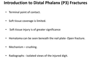 Introduction to Distal Phalanx (P3) Fractures
• Terminal point of contact.
• Soft tissue coverage is limited.
• Soft tissue injury is of greater significance
• Hematoma can be seen beneath the nail plate- Open fracture.
• Mechanism – crushing.
• Radiographs - isolated views of the injured digit.
 